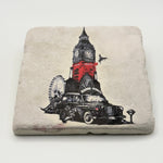 Iconic London landmarks, including a black cab and Big Ben, printed on square travertine stone coaster