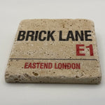 London Brick Lane street sign artwork printed on square travertine stone coaster