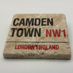 London Camden Town street sign design printed on square travertine stone coaster