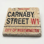 London Carnaby Street street sign printed on square travertine stone coaster