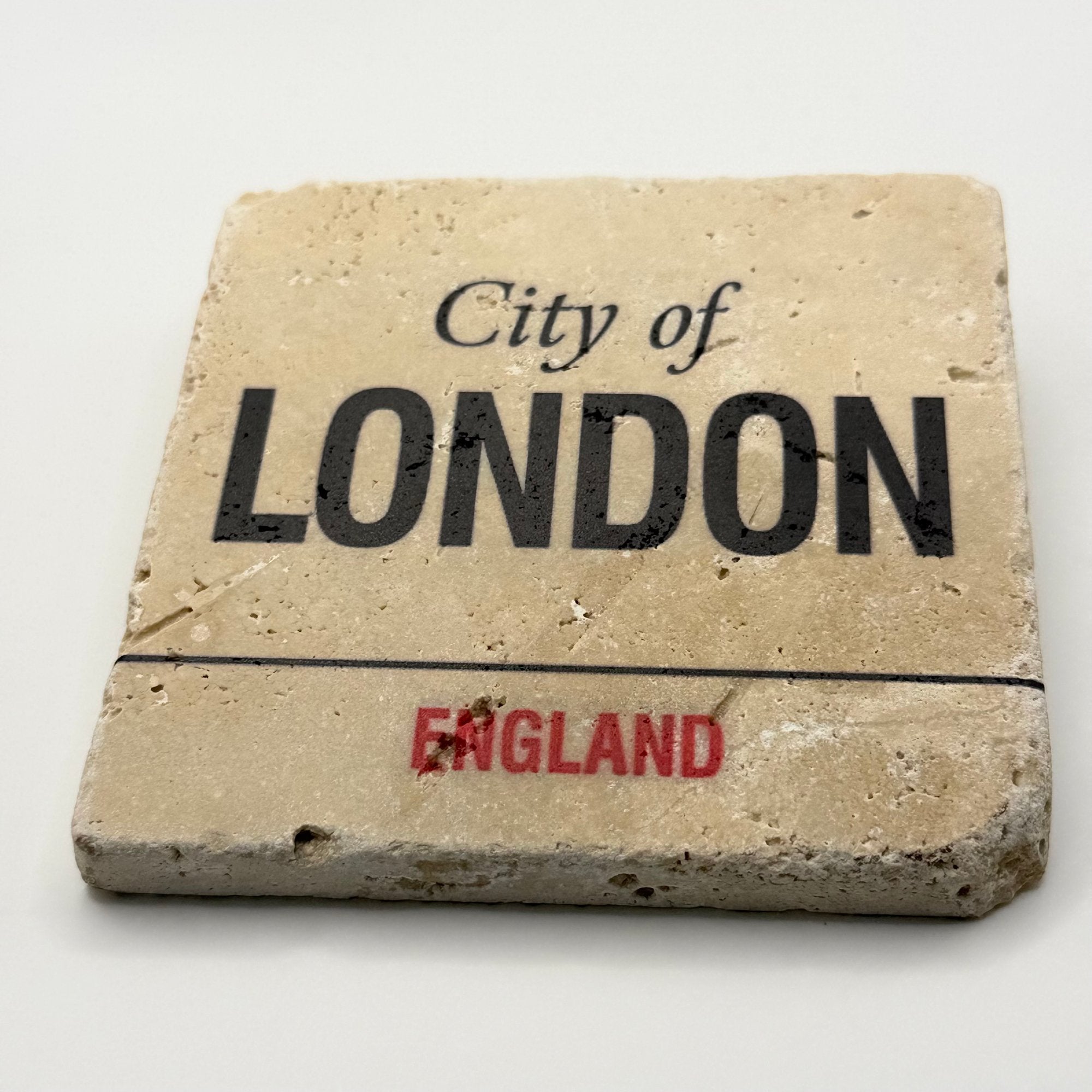 City of London sign printed on square travertine stone coaster