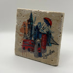 London city watercolour artwork printed on square travertine stone coaster