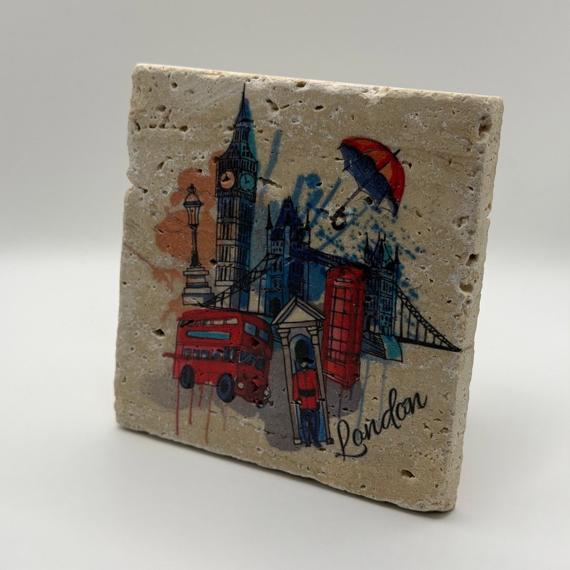 London city watercolour artwork printed on square travertine stone coaster
