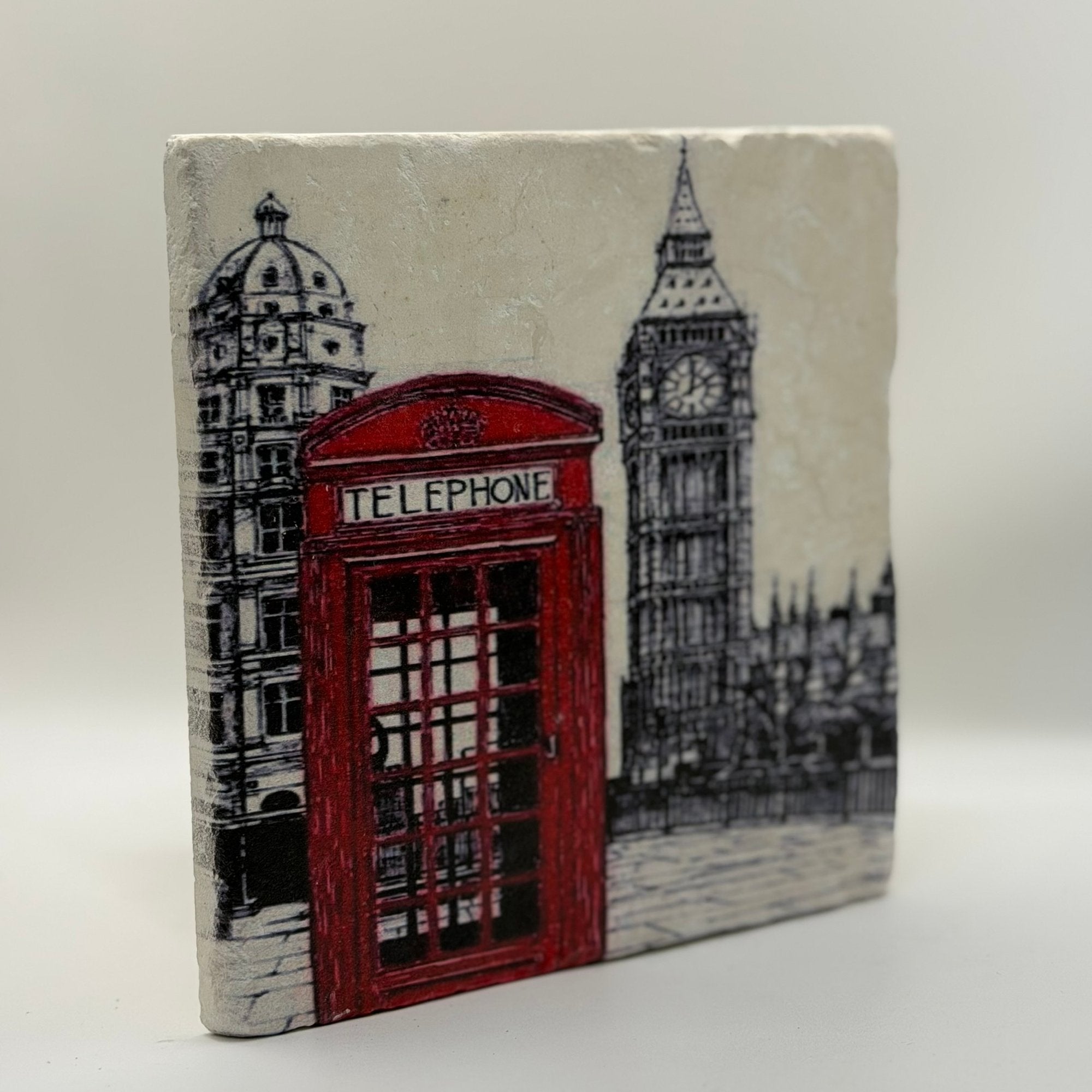 London Classic Phone Box Natural Travertine Stone Hotpad artwork