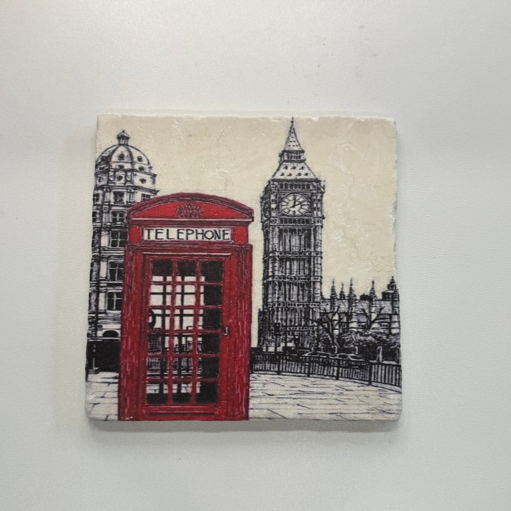 London Classic Phone Box Natural Travertine Stone Hotpad artwork