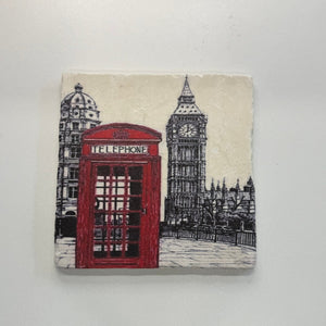 London Classic Phone Box Natural Travertine Stone Hotpad artwork
