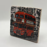 Double Decker bus design printed on square travertine stone coaster