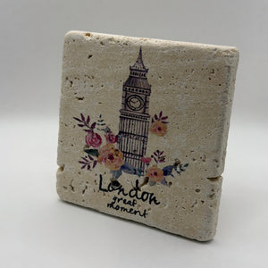 Vintage London artwork printed on square travertine stone coaster