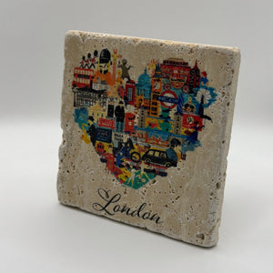 London Hearth artwork printed on square travertine stone coaster