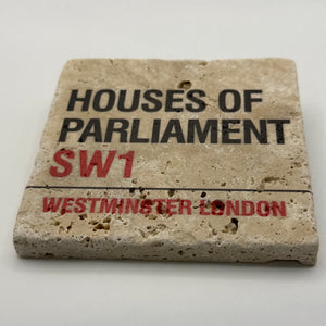 London Houses of Parliament architecture printed on square travertine stone coaster