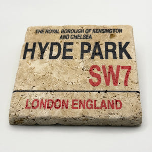 London Hyde Park street sign printed on square travertine stone coaster