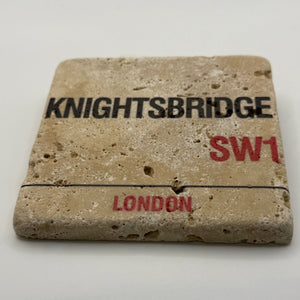 London Knightsbridge street sign printed on square travertine stone coaster