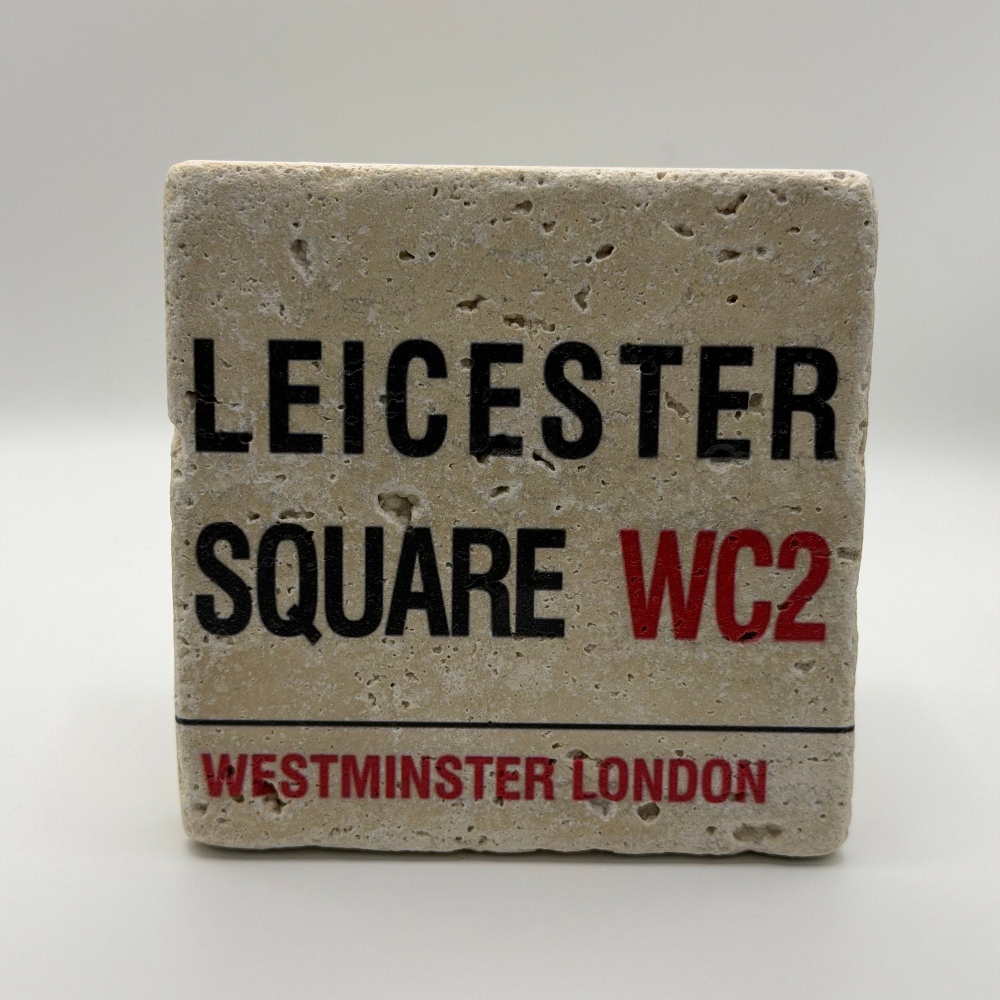 London Leicester Square street sign artwork printed on square travertine stone coaster