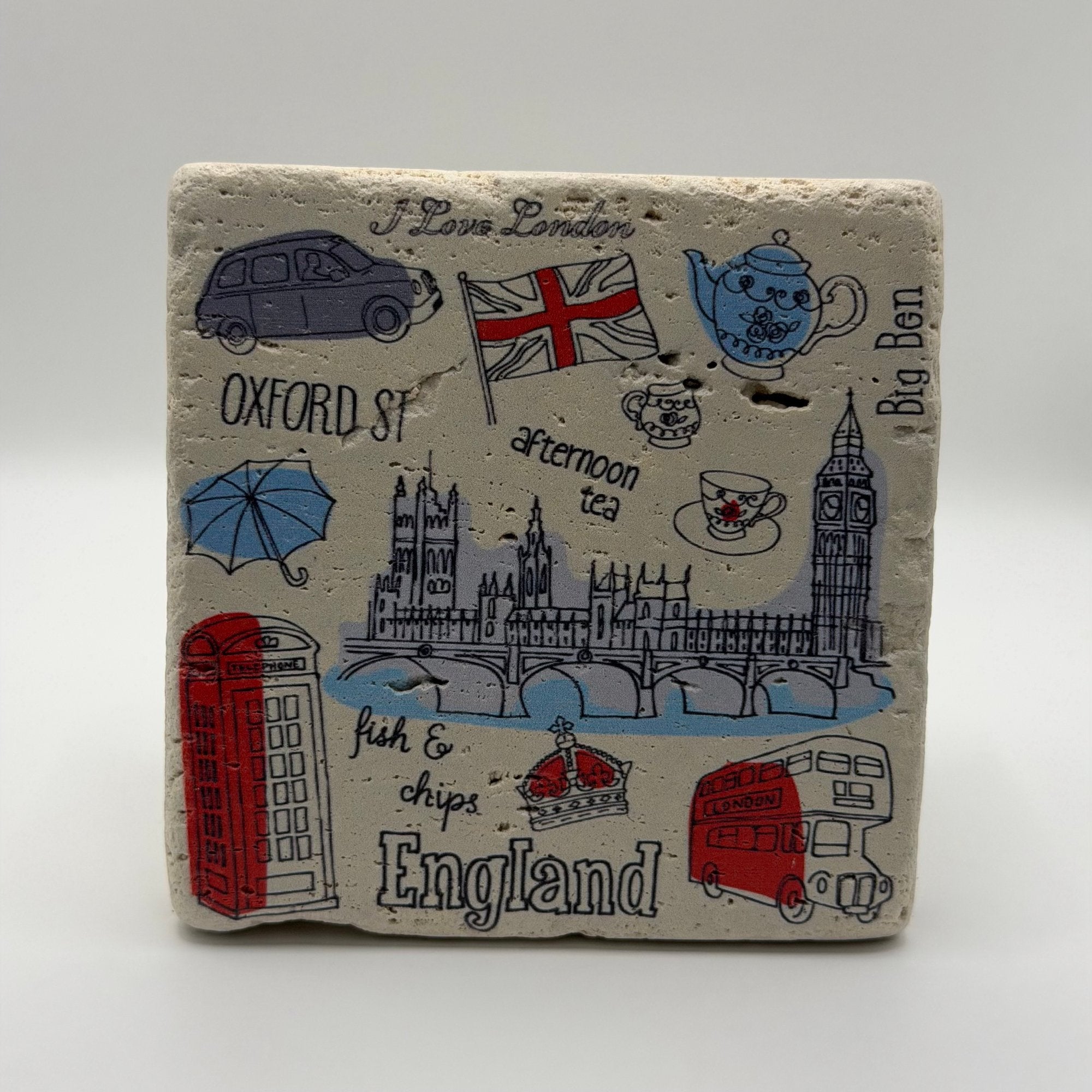 London landmarks artwork printed on square travertine stone coaster