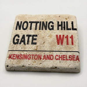 London Notting Hill Gate street sign artwork printed on square travertine stone coaster