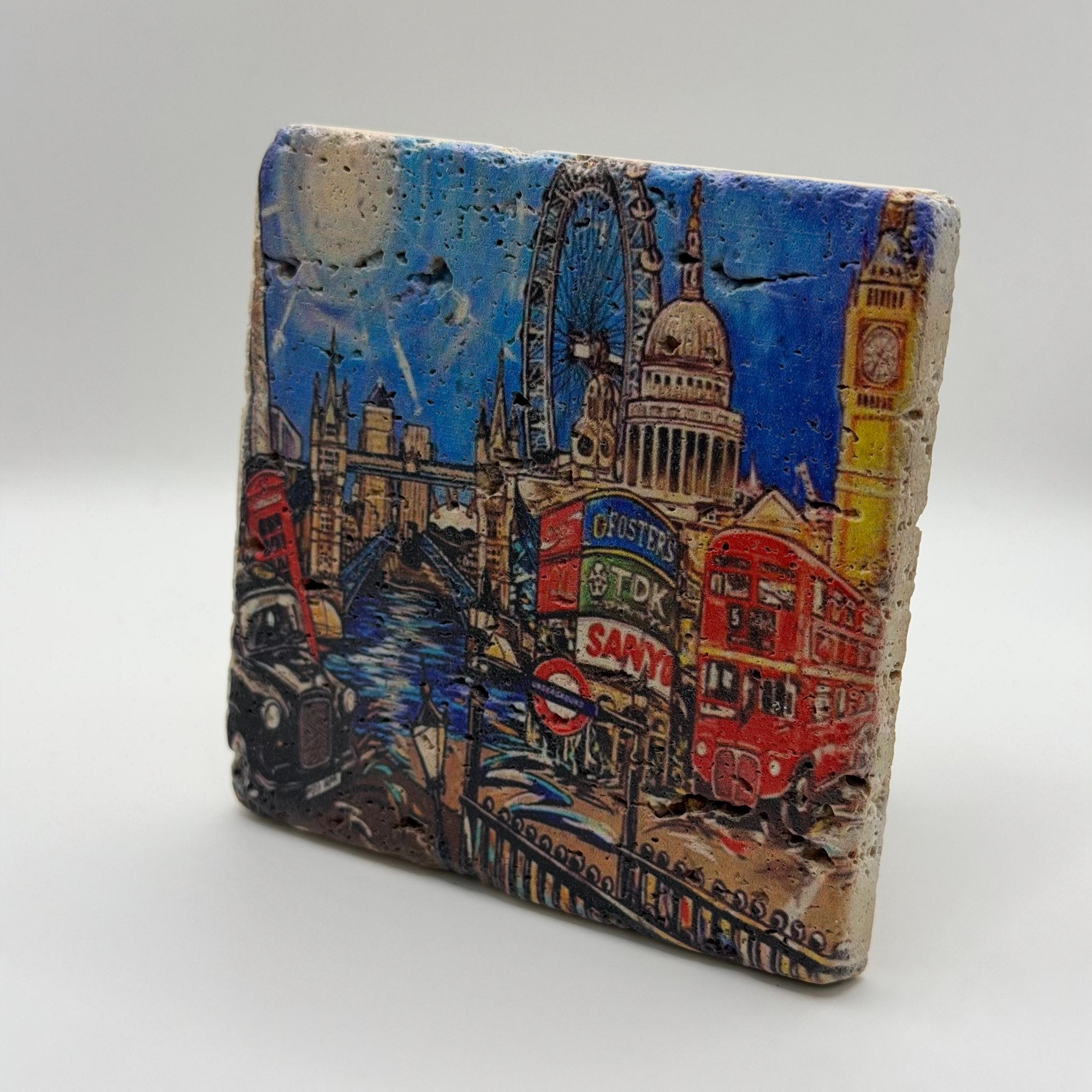London street art design printed on square travertine stone coaster