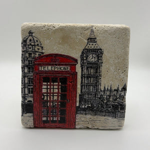 London phone box artwork printed on square travertine stone coaster