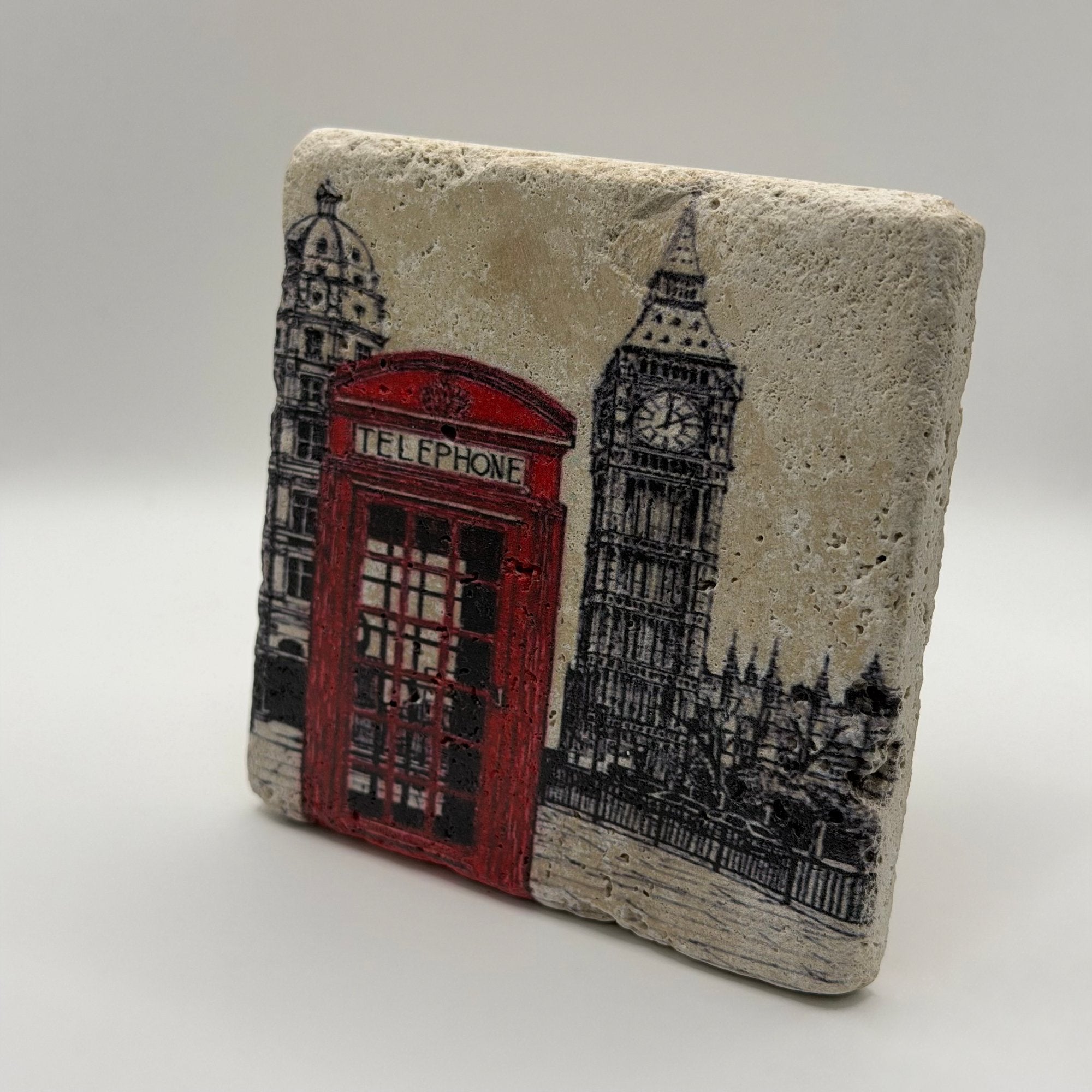 London phone box artwork printed on square travertine stone coaster