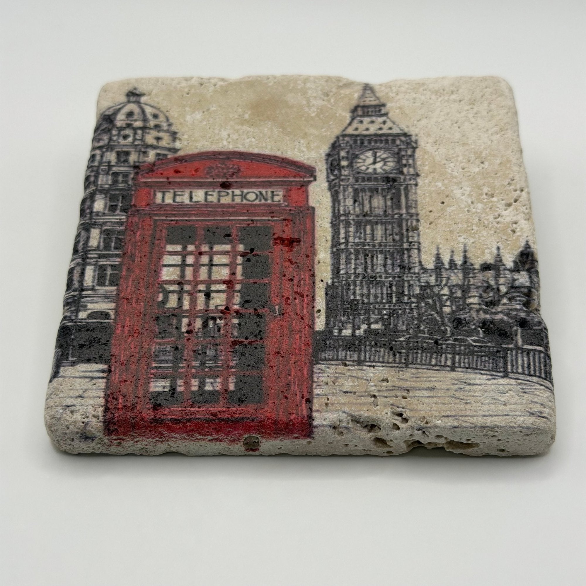 London phone box artwork printed on square travertine stone coaster