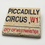 London Piccadilly Circus street sign printed on square travertine stone coaster