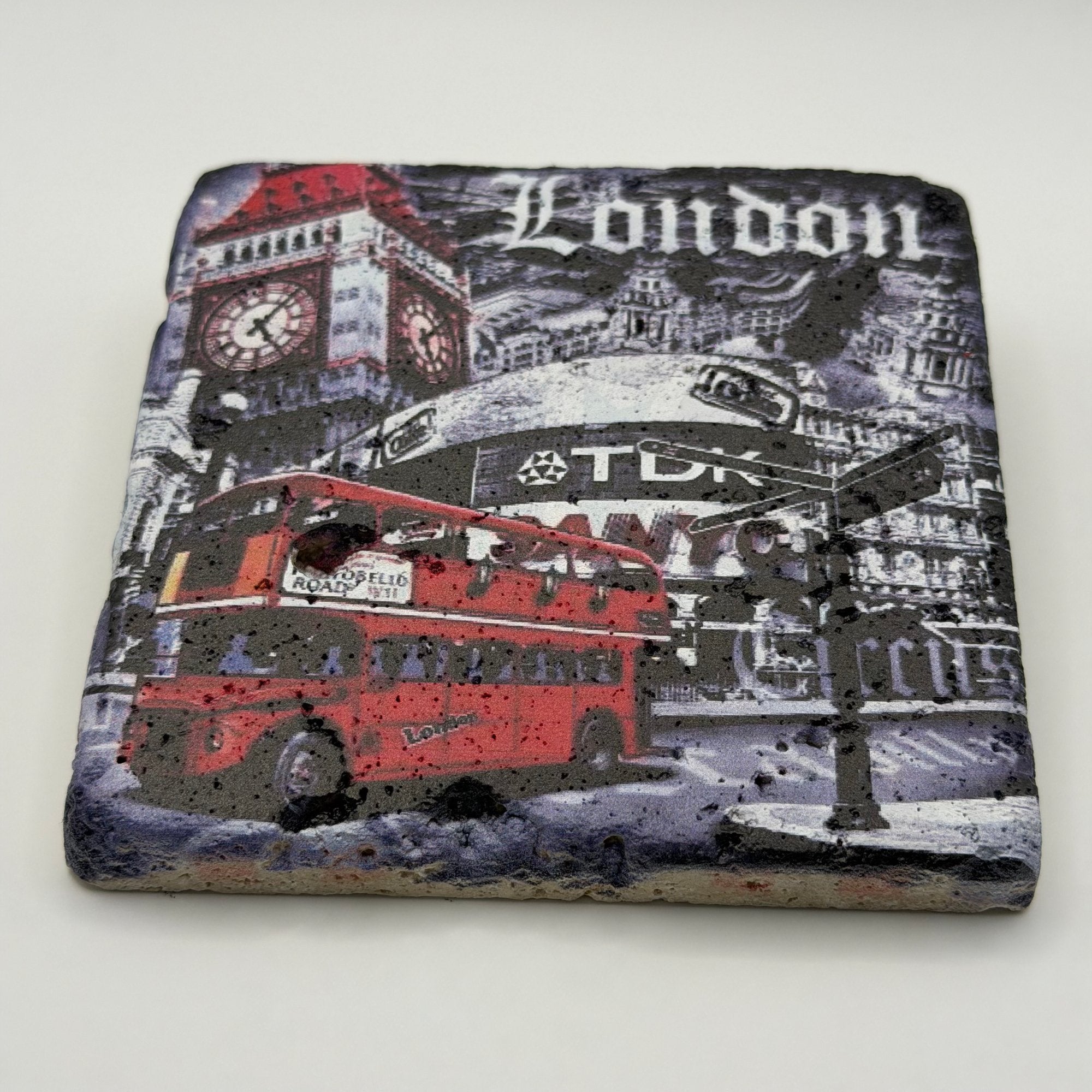 Piccadilly street sign artwork printed on square travertine stone coaster