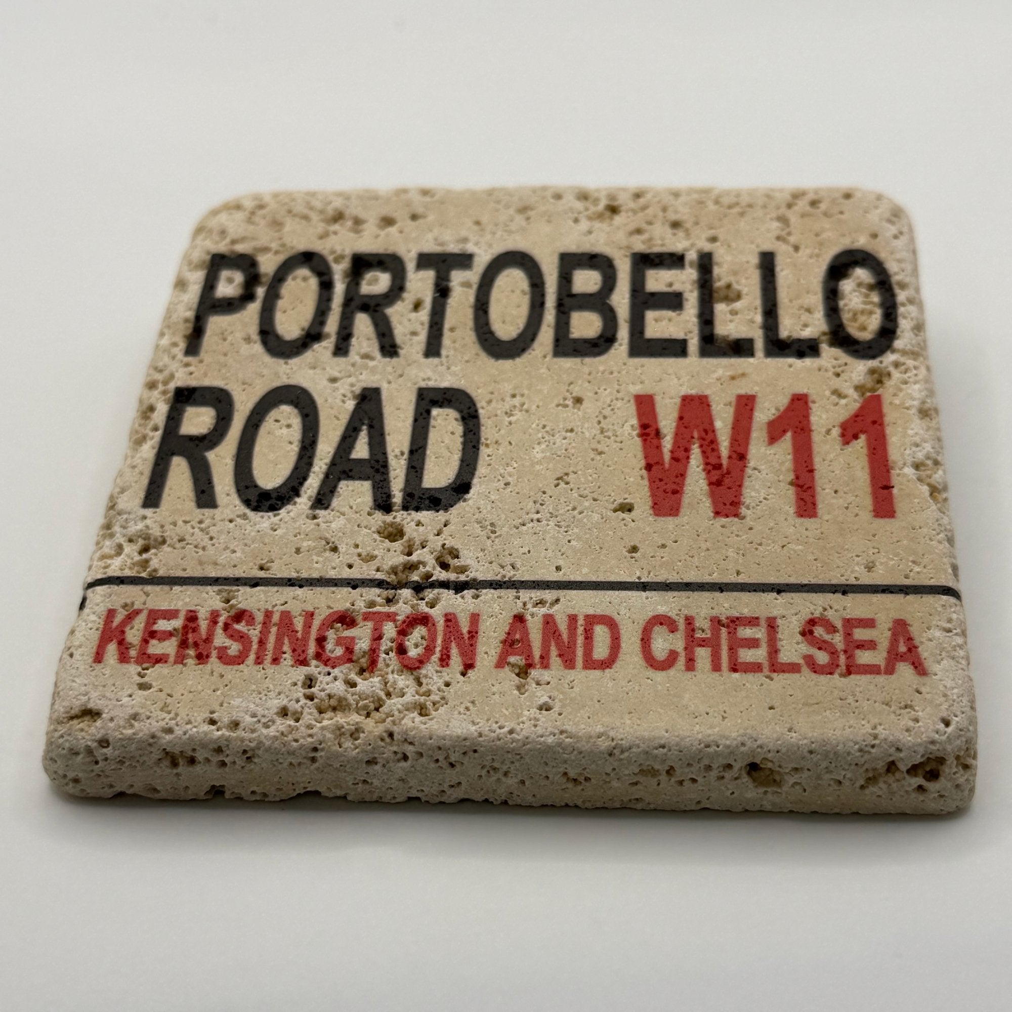 Portobello Road street sign artwork printed on square travertine stone coaster