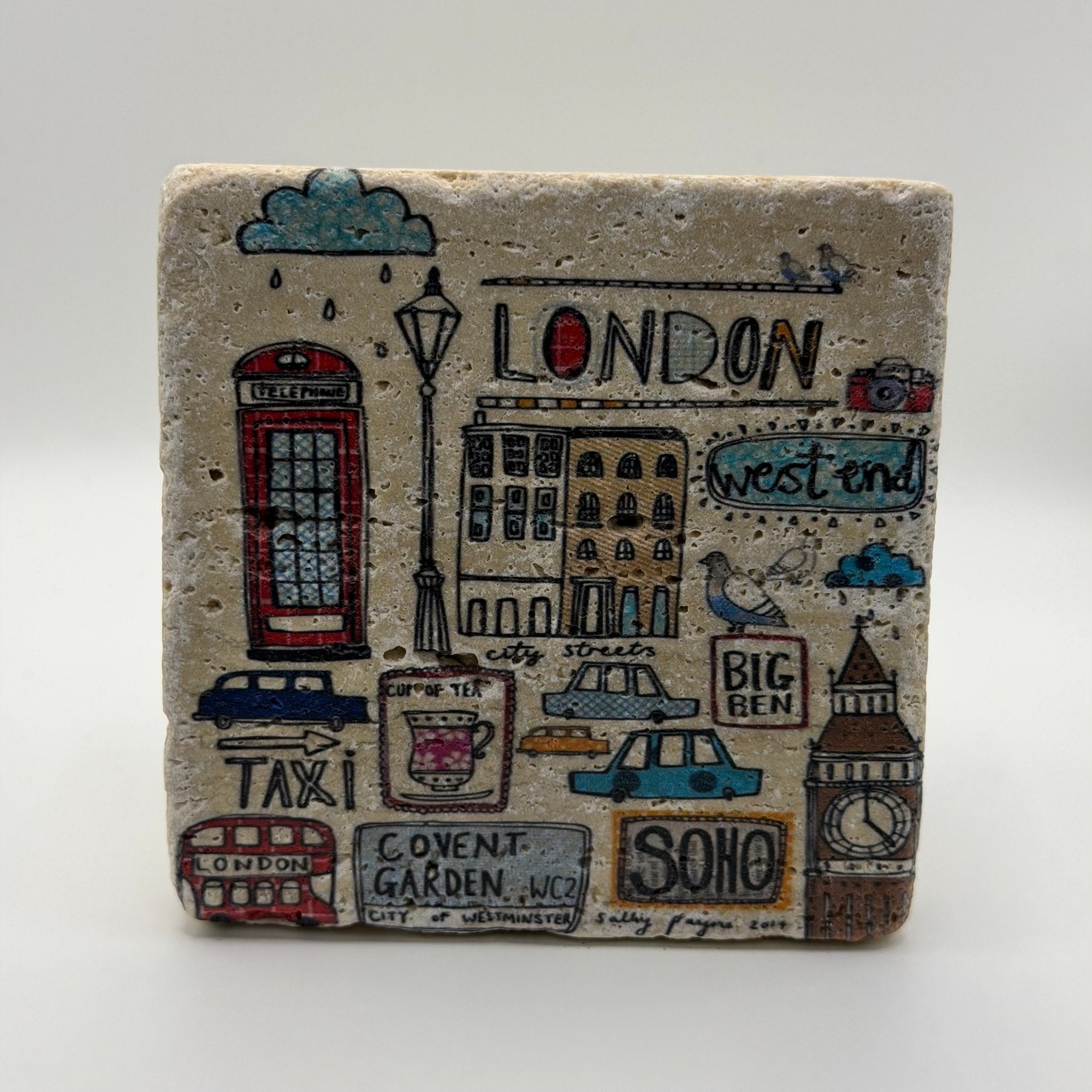London Rain artwork printed on square travertine stone coaster