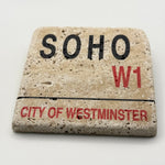 Soho W1 street sign design printed on square travertine stone coaster
