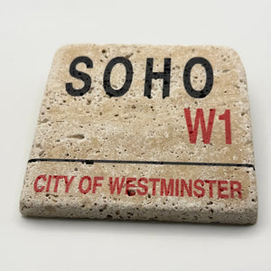 Soho W1 street sign design printed on square travertine stone coaster