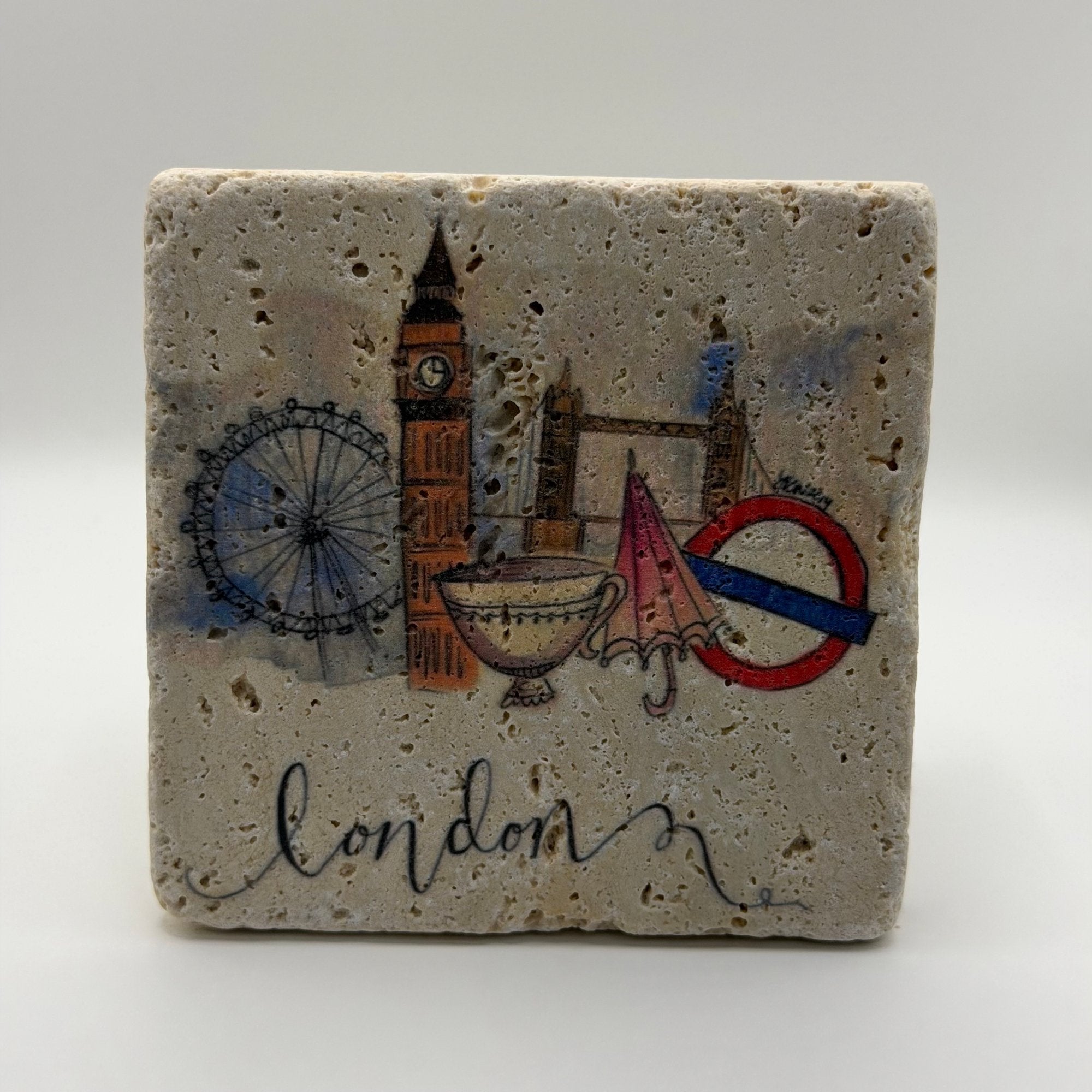 Big Ben clock tower artwork printed on square travertine stone coaster