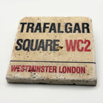 London Trafalgar Square sign printed on square travertine stone coaster