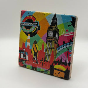 Vintage London Underground map design printed on square travertine stone coaster