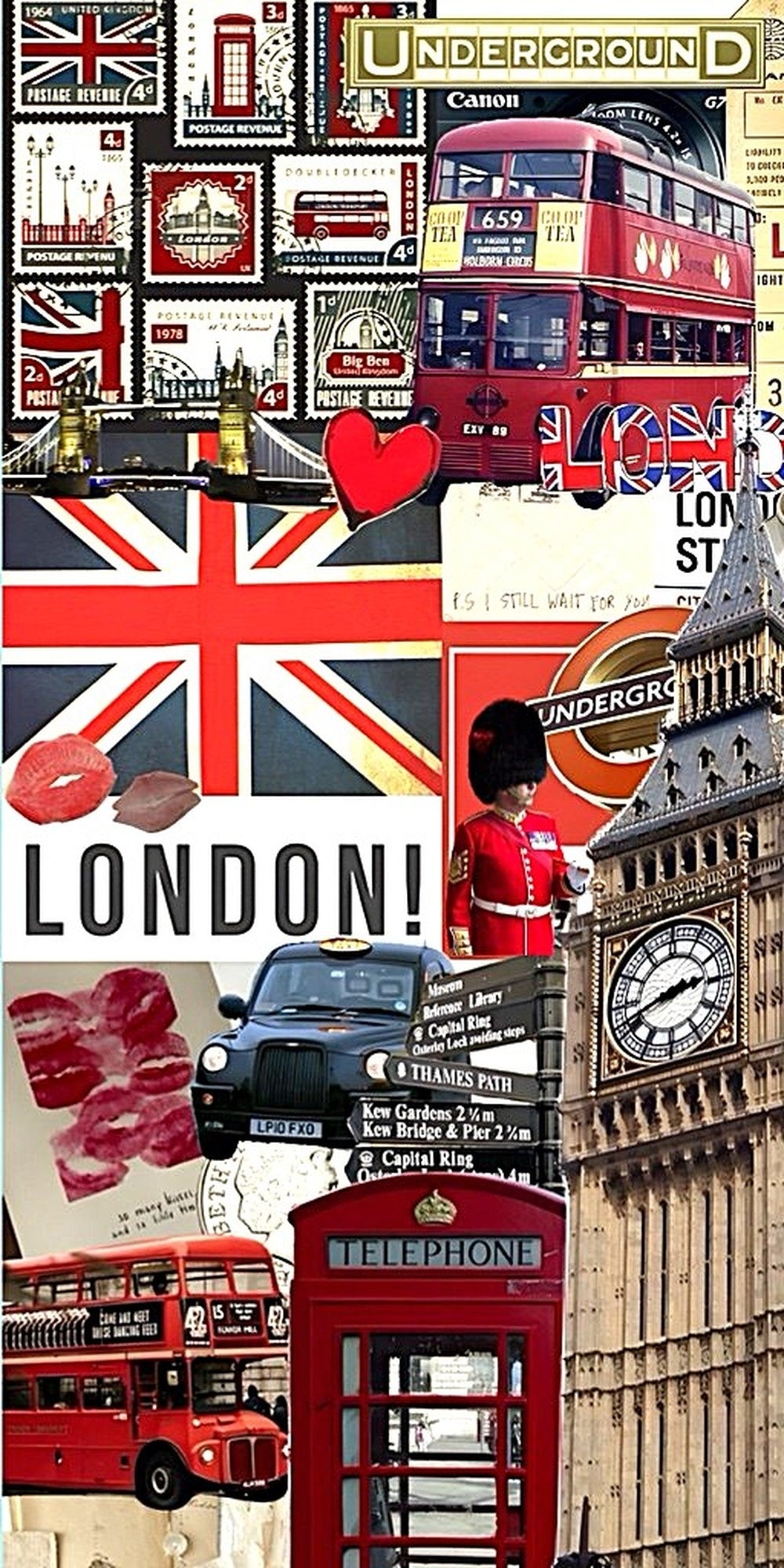 Vintage London bus cab collage design displayed as a decorative MDF wall sign