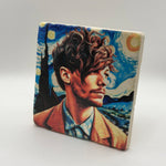 One Direction logo and starry night design printed on square travertine stone coaster