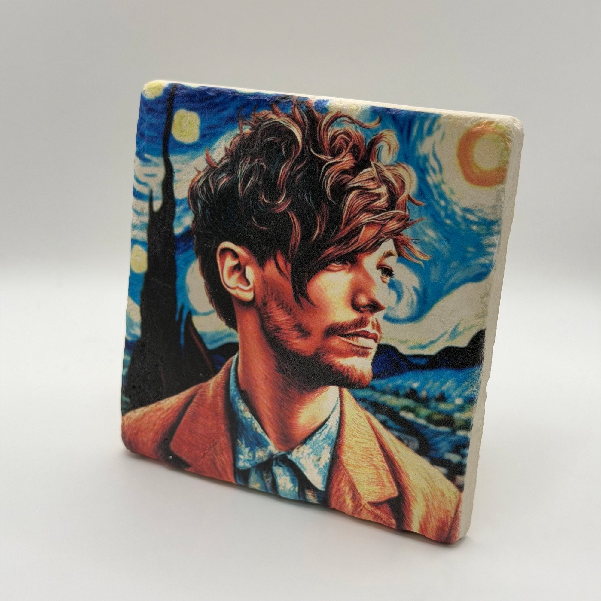 One Direction logo and starry night design printed on square travertine stone coaster