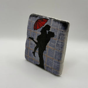 Whimsical love and rain artwork printed on square travertine stone coaster