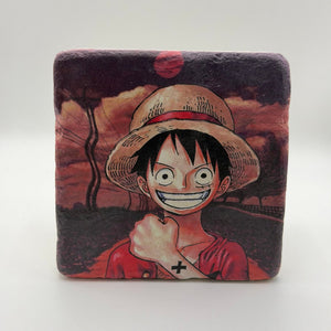 Luffy artwork from One Piece printed on square travertine stone coaster