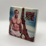 Emmanuel Macron portrait printed on square travertine stone coaster