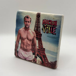 Emmanuel Macron portrait printed on square travertine stone coaster