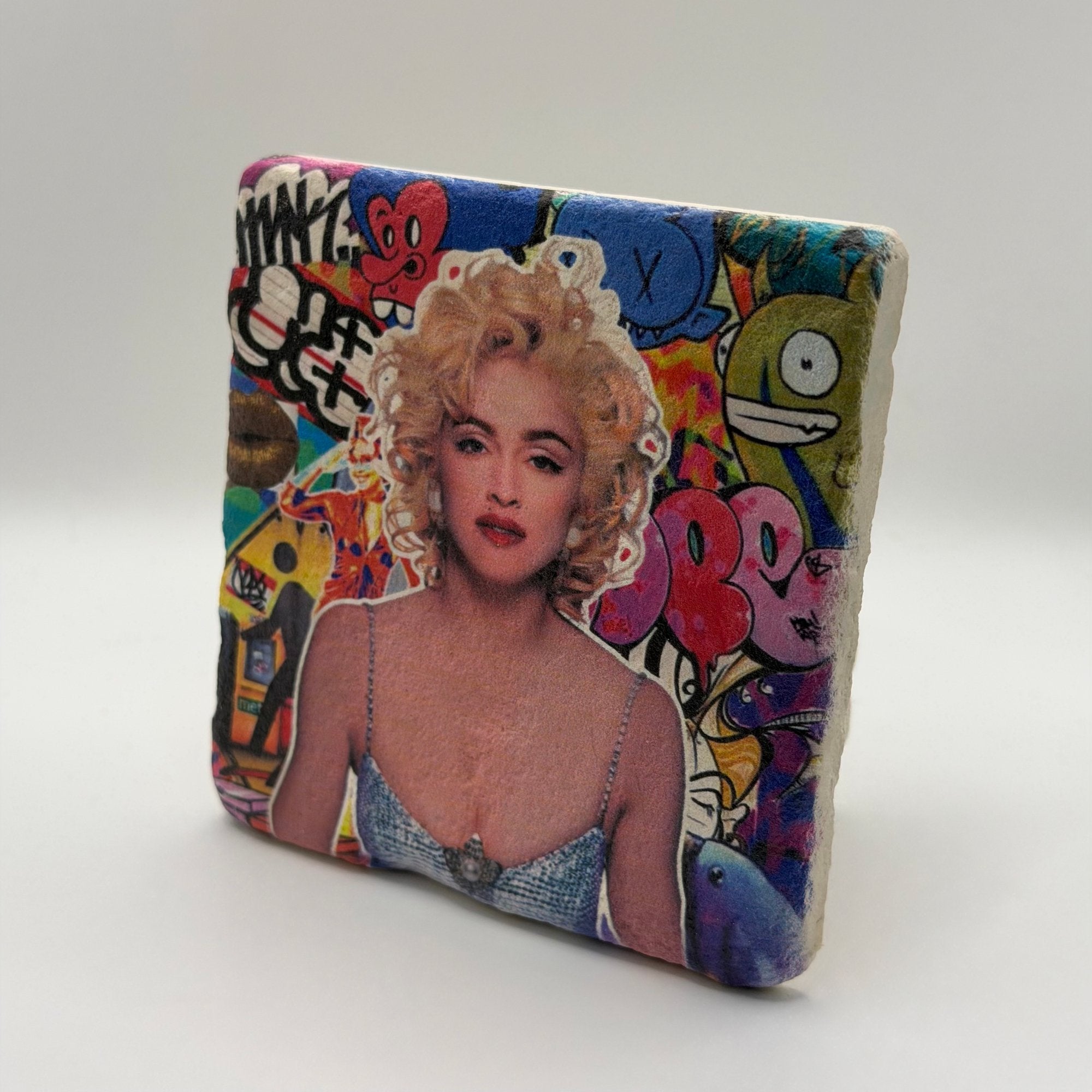 Madonna's iconic graffiti artwork printed on square travertine stone coaster
