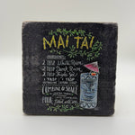 Tiki-inspired Mai Tai artwork printed on square natural travertine stone coaster