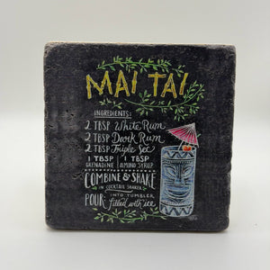 Tiki-inspired Mai Tai artwork printed on square natural travertine stone coaster
