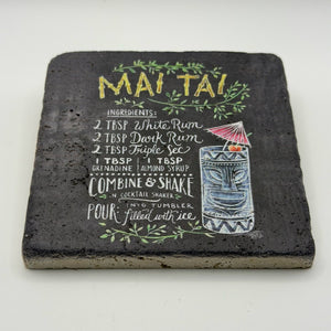 Tiki-inspired Mai Tai artwork printed on square natural travertine stone coaster