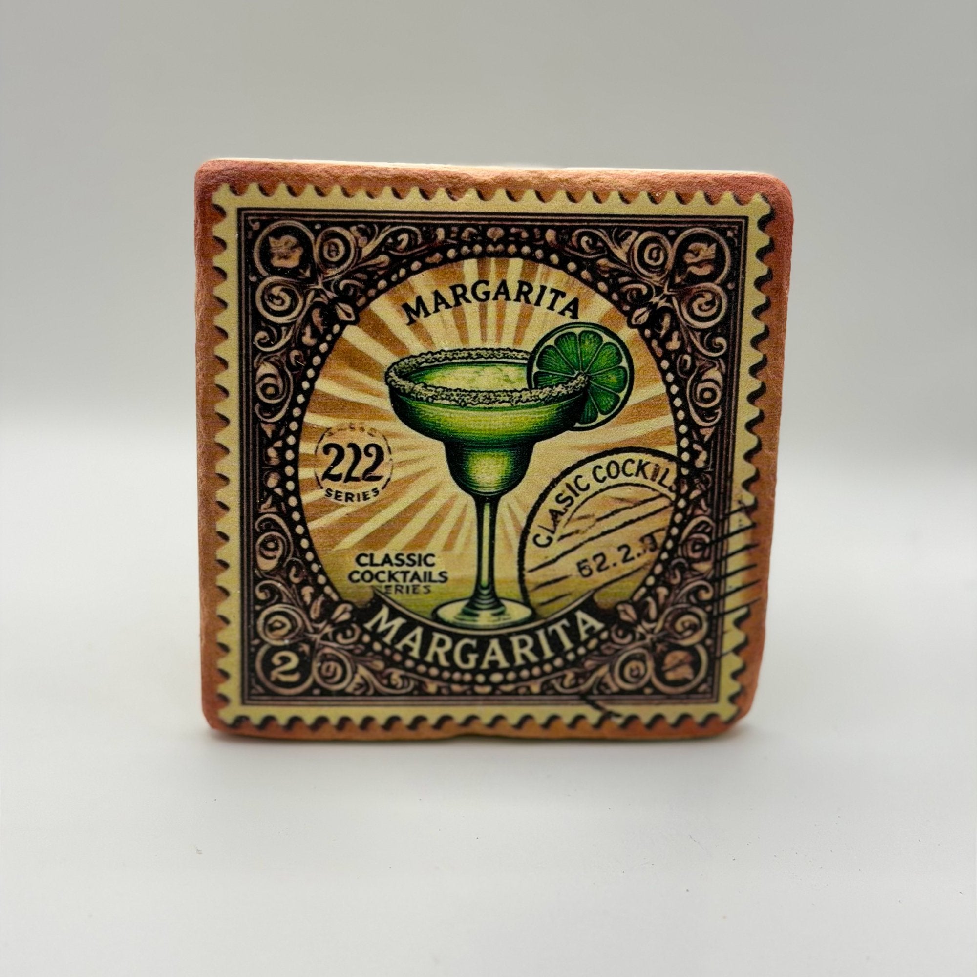 Margarita logo or design printed on square travertine stone coaster