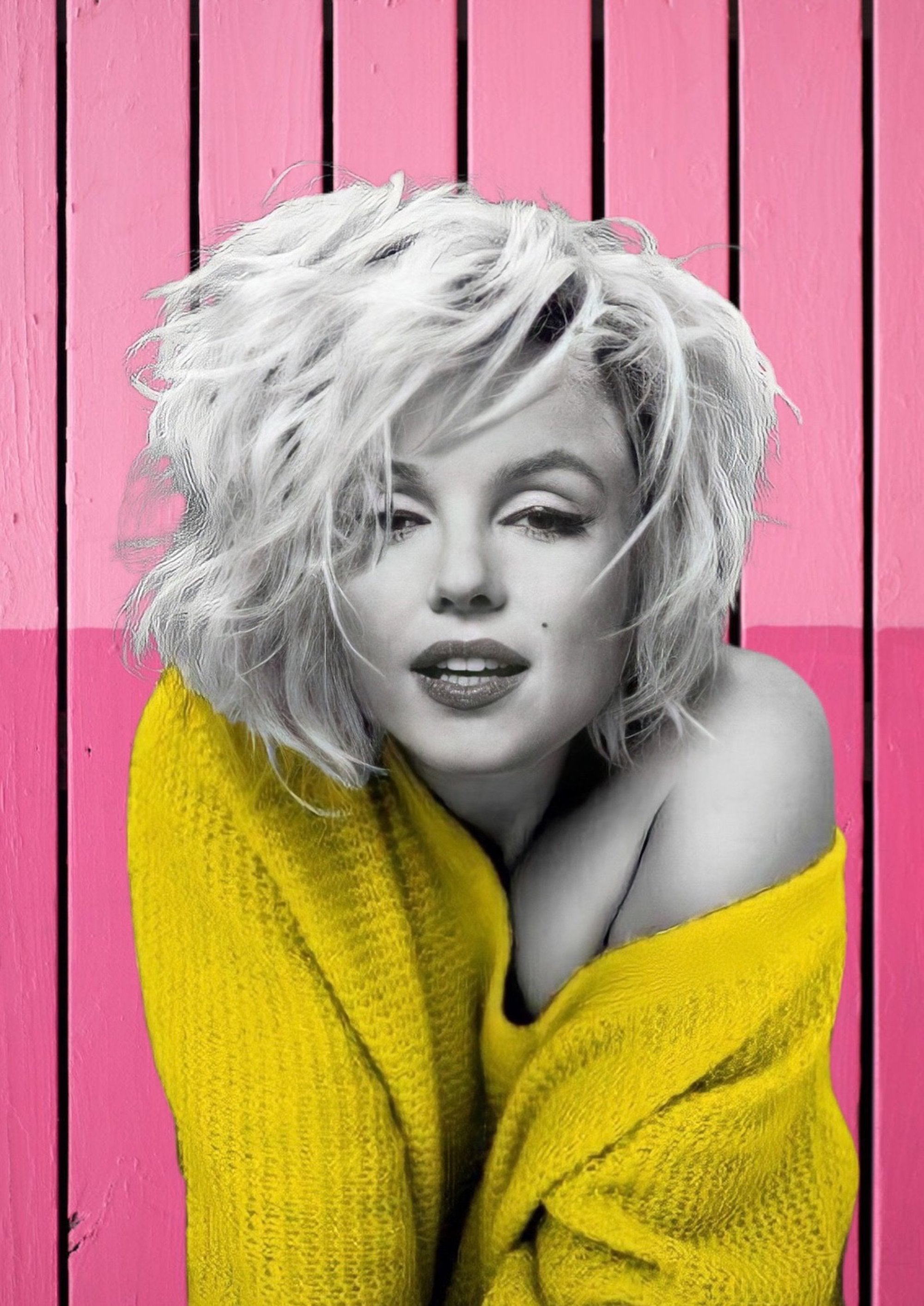 Marilyn Monroe artwork printed on MDF wall poster, wearing yellow sweater