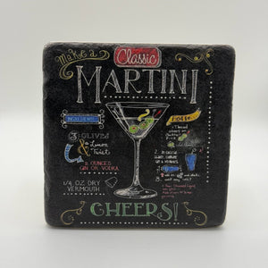 Elegant martini artwork printed on square travertine stone coaster