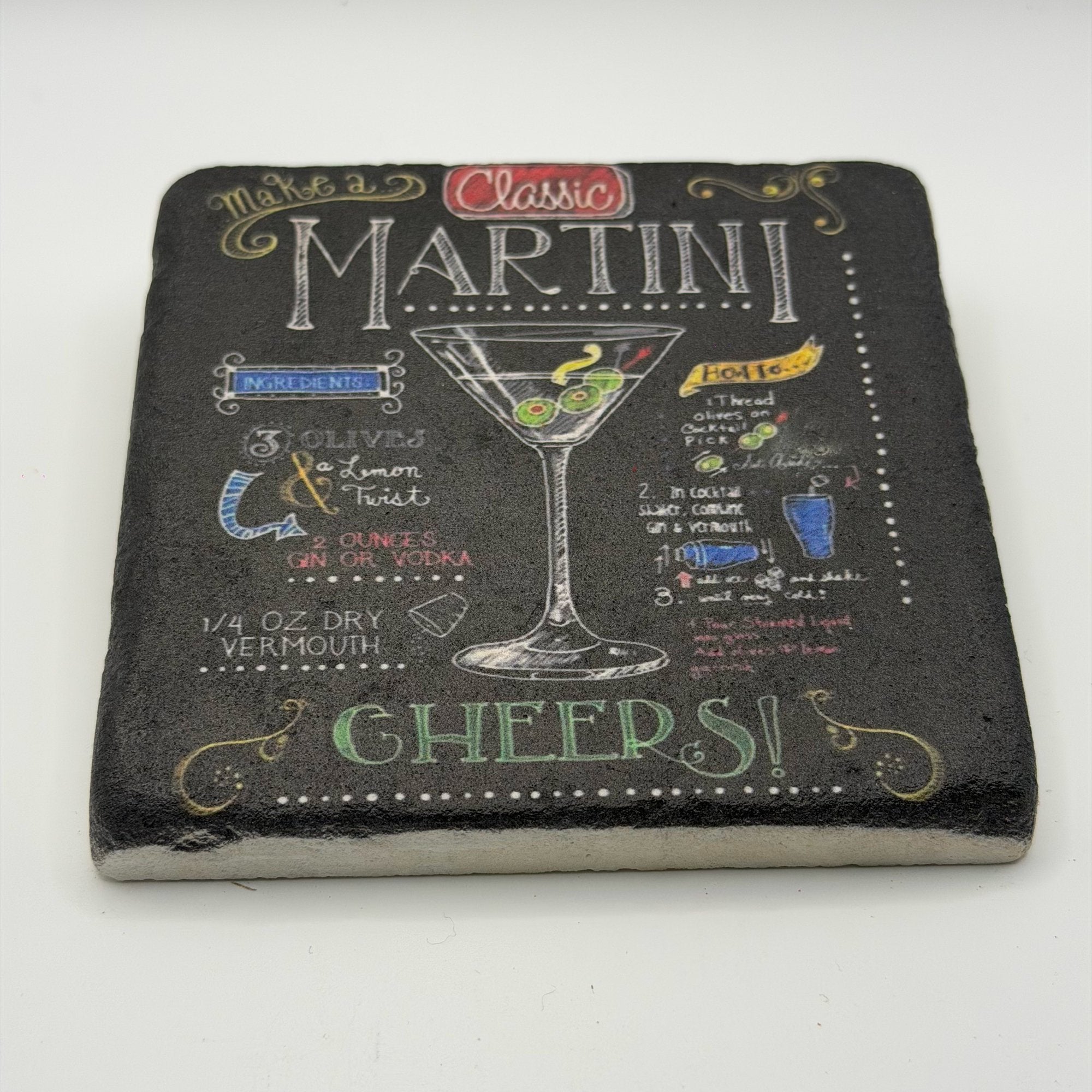 Elegant martini artwork printed on square travertine stone coaster