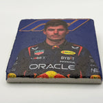 Max Verstappen Red Bull artwork printed on square travertine stone coaster