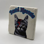 Meowie cat artwork printed on square travertine stone coaster