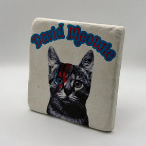 Meowie cat artwork printed on square travertine stone coaster